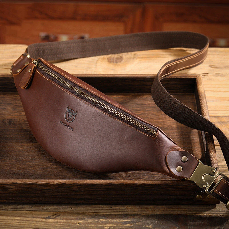 (image for) BULLCAPTAIN Genuine Leather Men's Belt Bag Crazy Horse Leather Casual Crossbody Bag Classic Retro Chest Bag Outdoor Storage Mountaineering Mobile Phone Bag Waist Bag